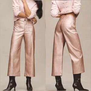 Anthropologie Colette Cropped Wide-Leg Pants Metallic Faux-Leather Rose Gold 28